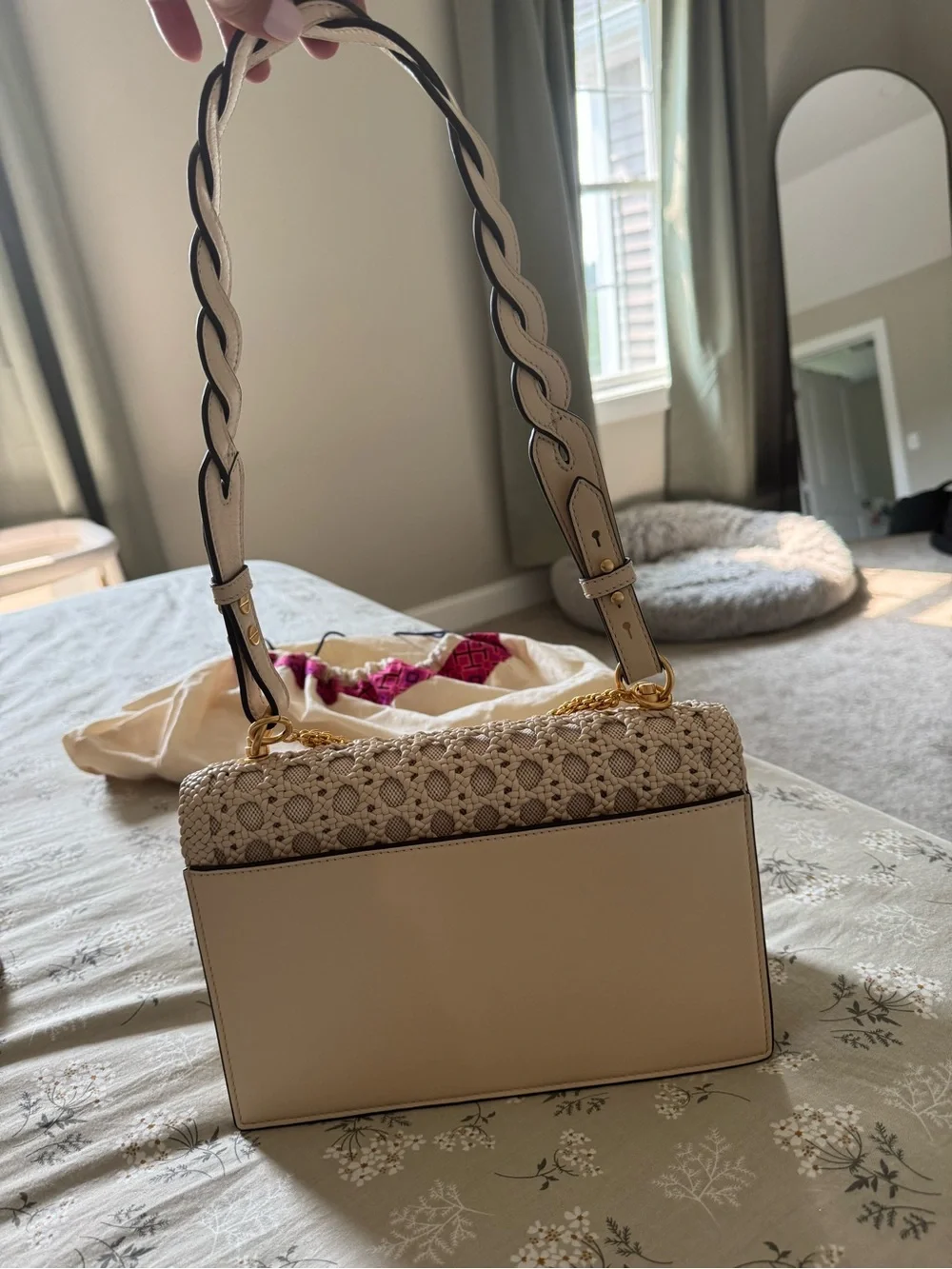 Tory Burch Miller Basket Weave Cream Shoulder Bag